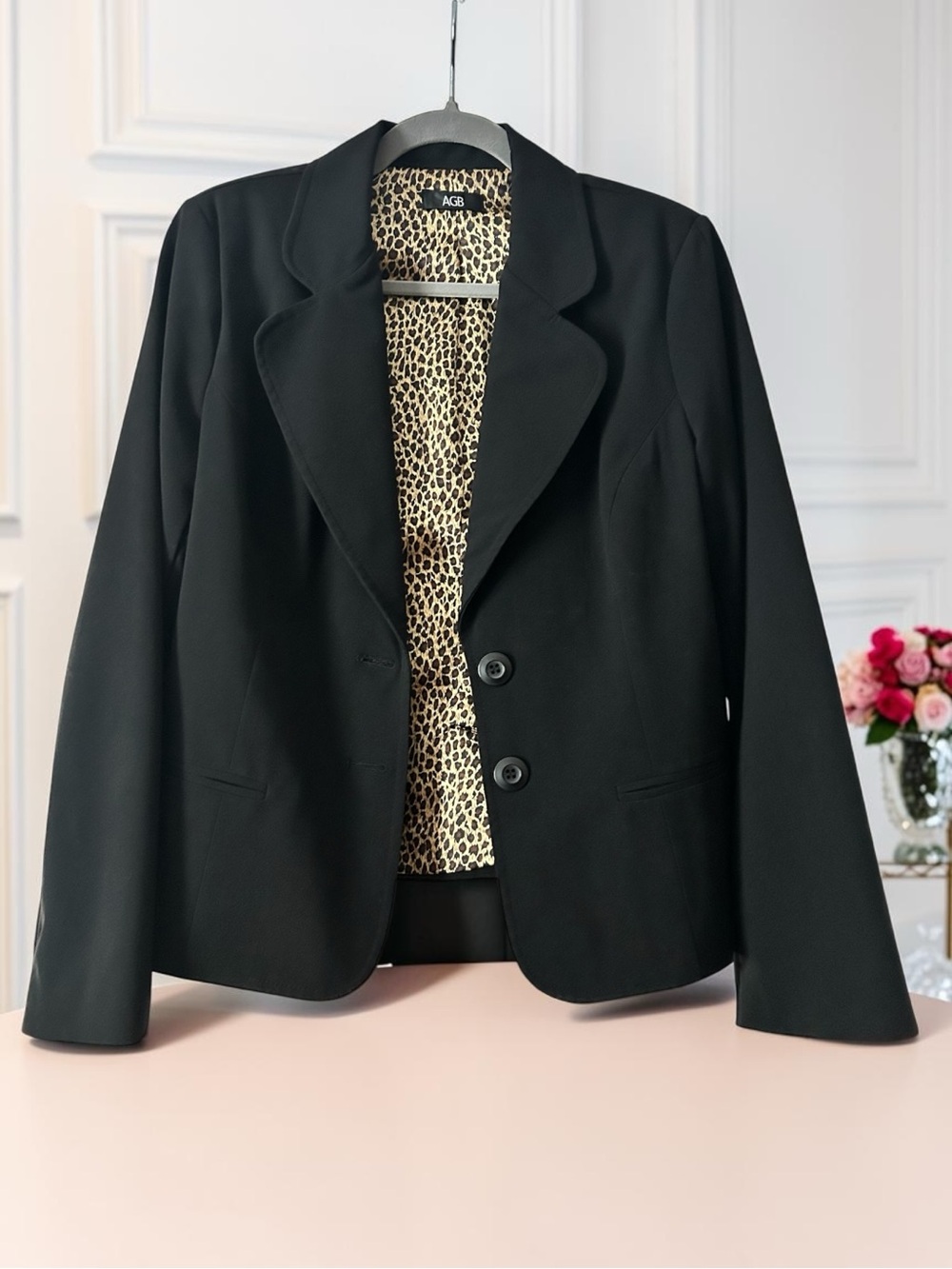 AGB Black Blazer with Leopard Print Lining Size 8